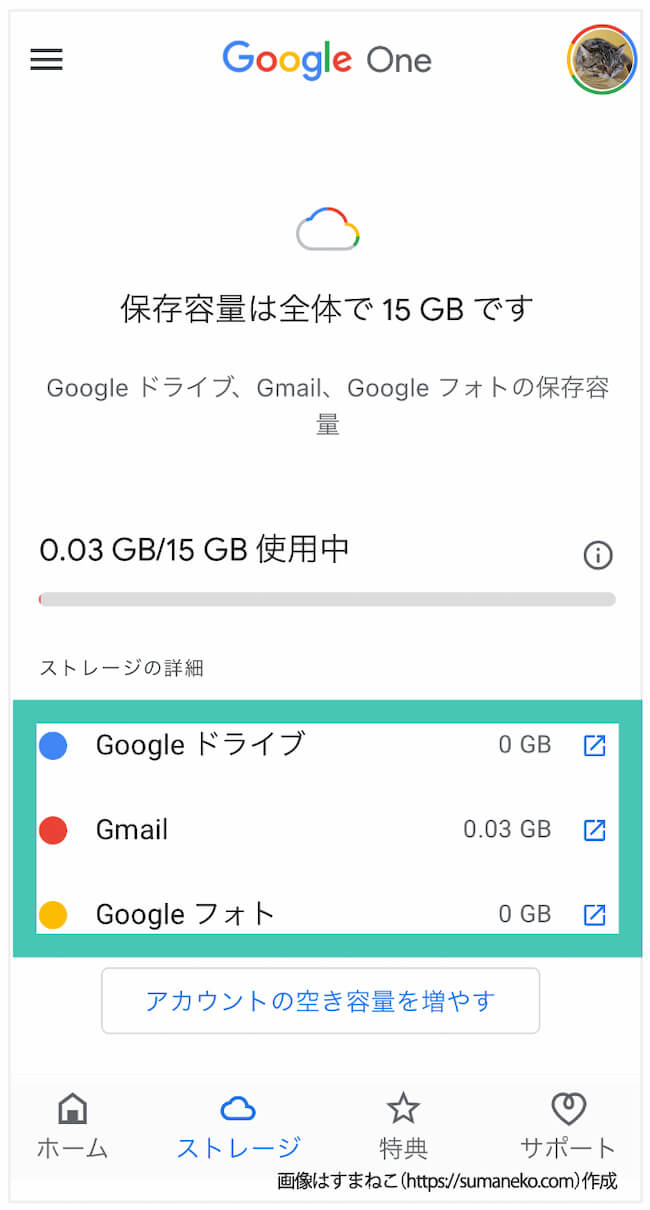 Google One「ストレージ」で使用中の容量を確認する画面